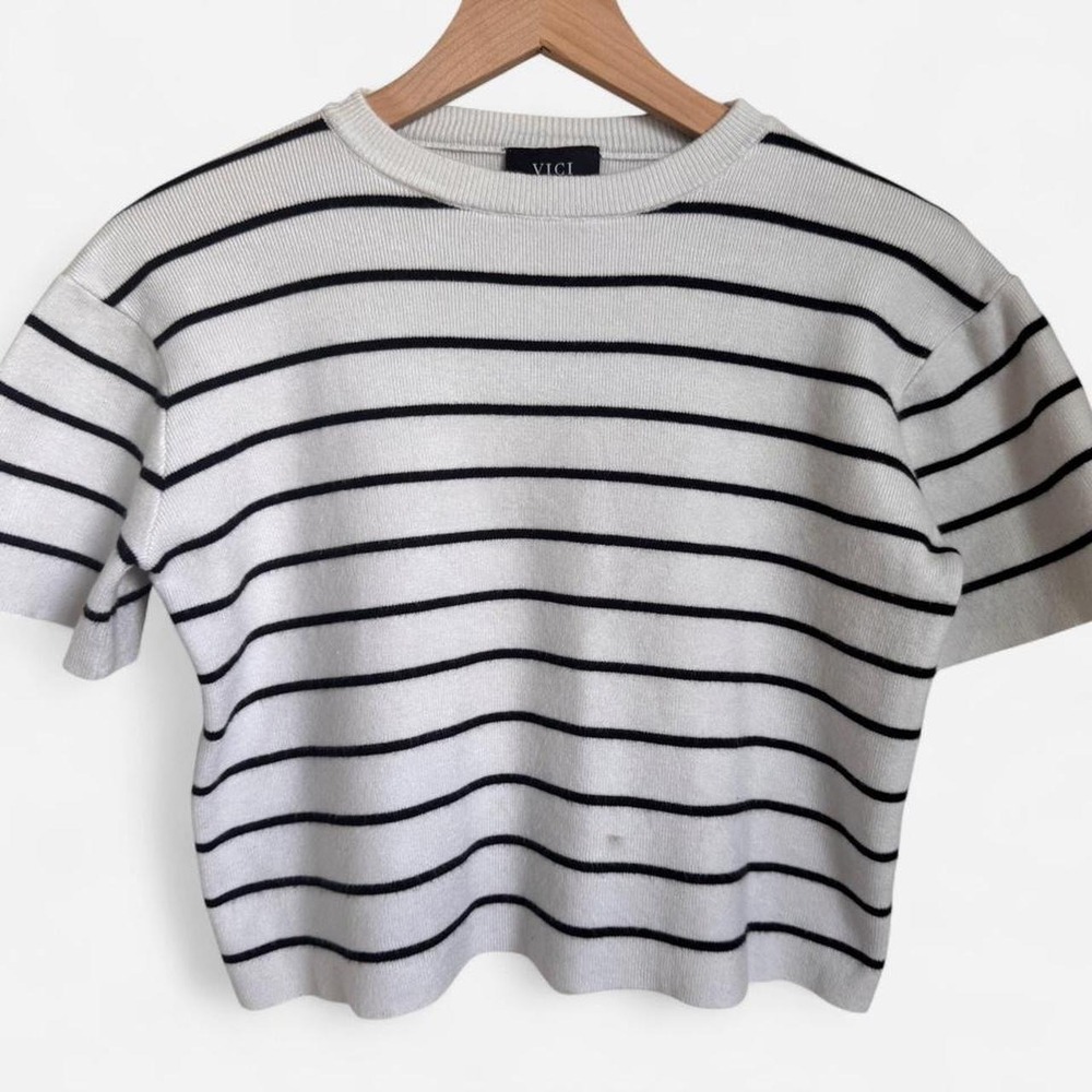 VICI Stripe Knit Sweater Short Cut Waist Length Top